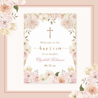 Elegant Pink Boho Floral Baptism Poster