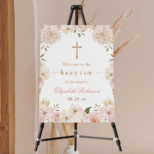 Elegant Pink Boho Floral Baptism Poster
