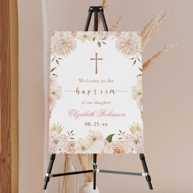 Elegant Pink Boho Floral Baptism Poster (Creator Uploaded)