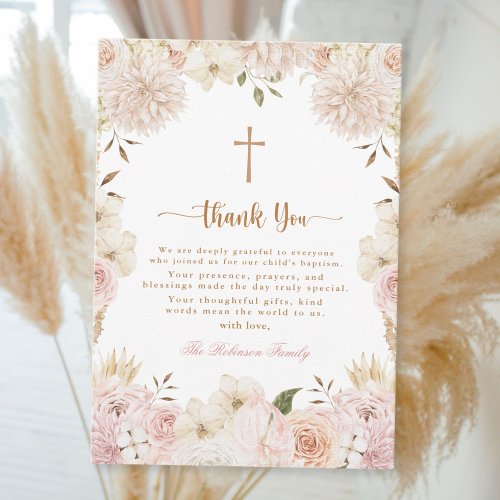 Elegant Pink Boho Floral Baptism Thank You Card