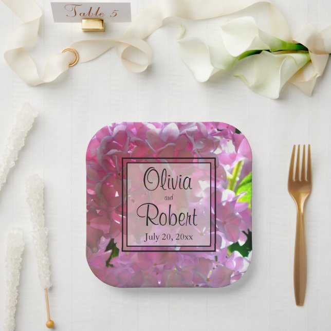 Elegant pink boho florals flowers hydrangeas paper plates (Wedding)