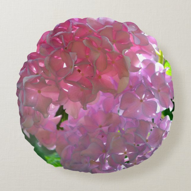 Elegant pink boho florals flowers hydrangeas round pillow (Front)