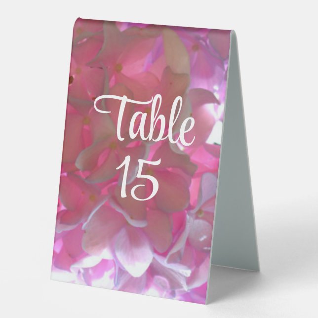 Elegant pink boho florals flowers hydrangeas table tent (Front)