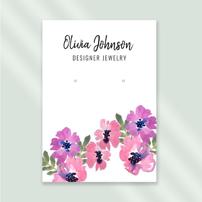 Elegant Pink Boho Flowers Jewelry Earring Display  Business Card (Stylishly Personalize with Your Custom Name. Add Optional Text.)