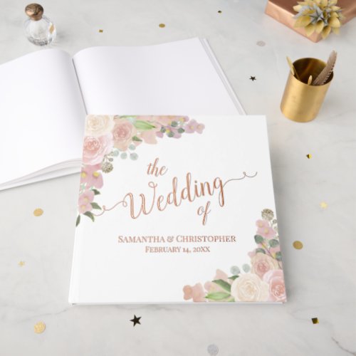 Elegant Pink Boho Roses  Blossoms Foil Wedding Foil Guest Book