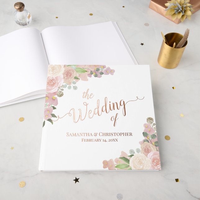 Elegant Pink Boho Roses & Blossoms Foil Wedding Foil Guest Book (Front Open)