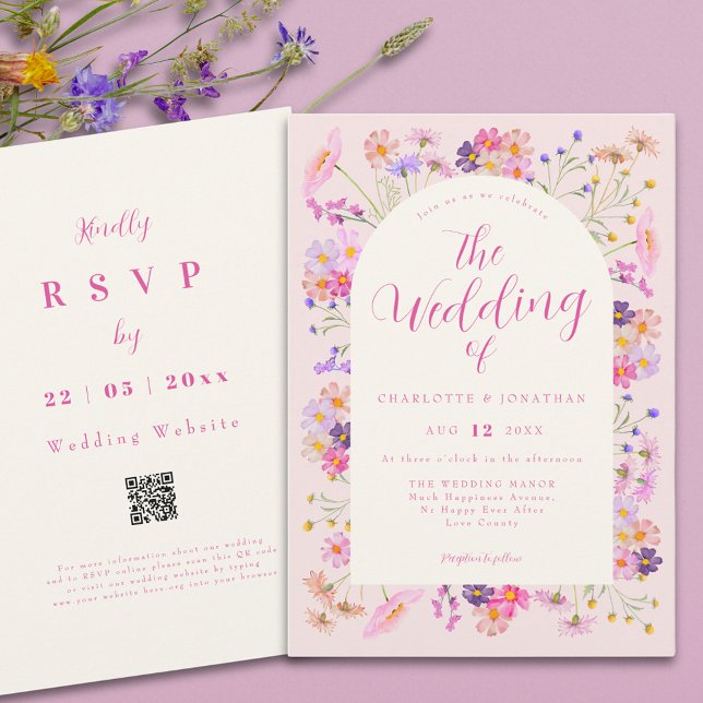 Elegant Pink Boho Wildflower Wedding QR Code Invitation (Elegant wildflower pink qr code wedding invitation )