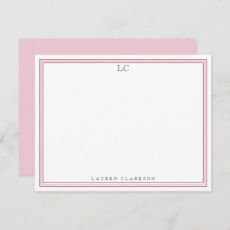 Elegant Pink Border Monogram Stationery Note Card