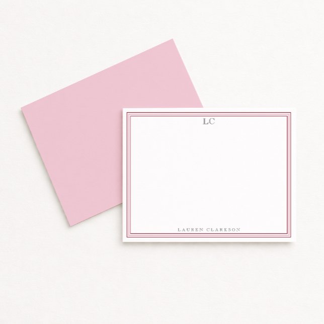 Elegant Pink Border Monogram Stationery Note Card (Creator Uploaded)