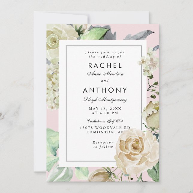 Elegant Pink Border Romantic Rose Bouquet Wedding Invitation (Front)