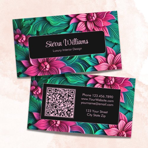 Elegant Pink Botanical 3D Floral QR Code Black Business Card