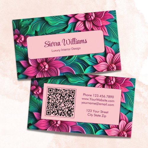 Elegant Pink Botanical 3D Floral QR Code Pink Business Card