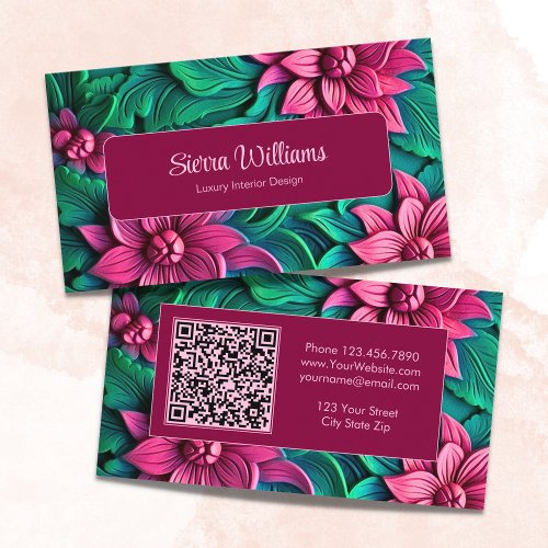 Elegant Pink Botanical 3D Floral QR Code Red Business Card