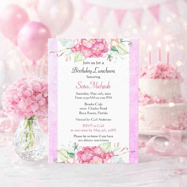 Elegant Pink Botanical Birthday  Invitation (Celebrate in style with this watercolor floral birthday luncheon invitation featuring pink hydrangea)