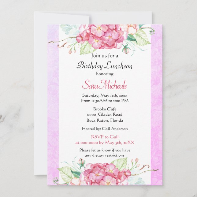 Elegant Pink Botanical Birthday  Invitation (Front)
