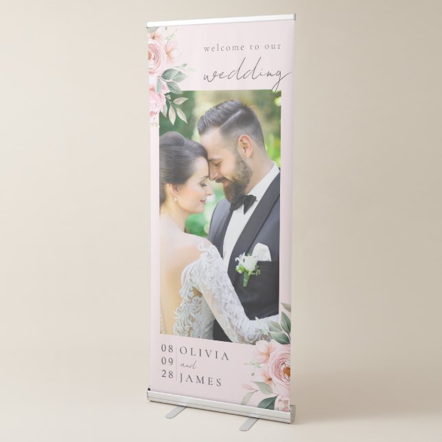 Elegant Pink Botanical Foral Photo Wedding Welcome Retractable Banner (3/4)