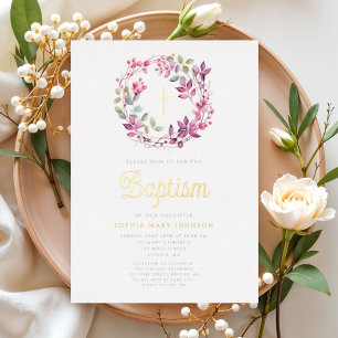 Elegant Pink Botanical Religious Girl Baptism  Foil Invitation