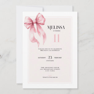Elegant Pink Bow 11th Birthday Invitation
