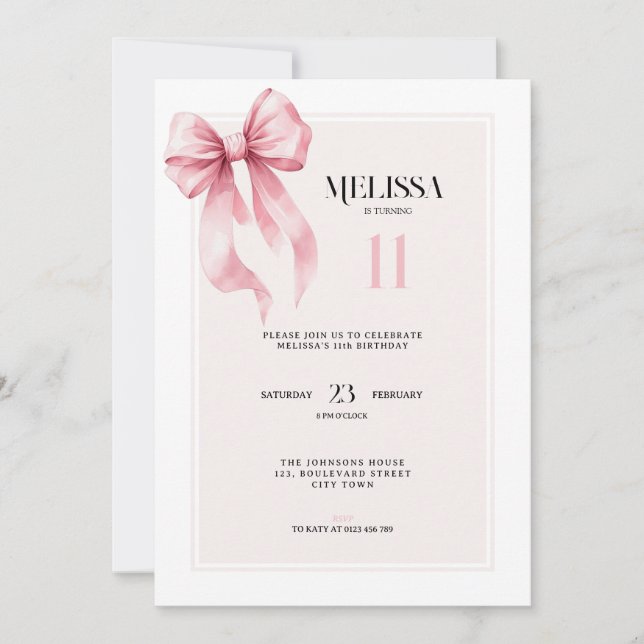 Elegant Pink Bow 11th Birthday Invitation (Front)