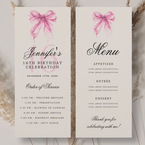 Elegant Pink Bow 16th Birthday Party Program Menu