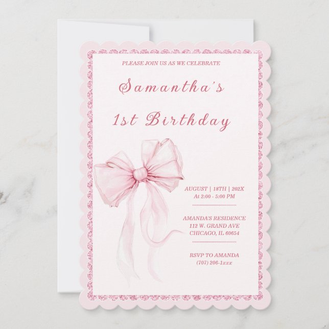 Elegant Pink Bow 1st Birthday for Girls Invitation (Front)