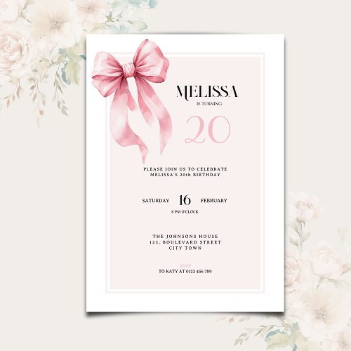 Elegant Pink Bow 20th Birthday Invitation
