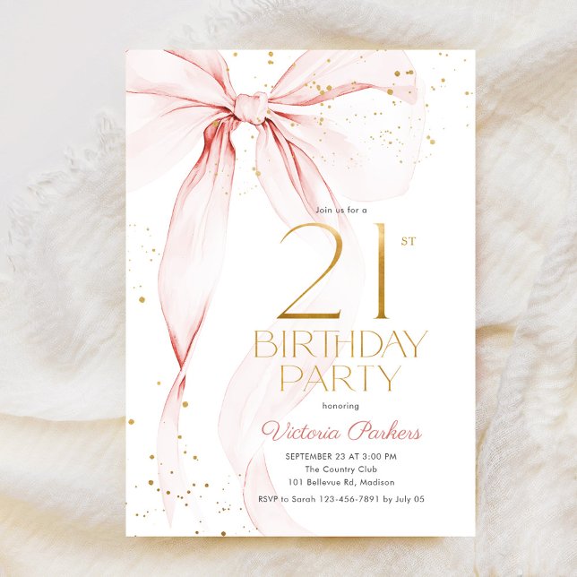 Elegant Pink Bow 21st Birthday Invitation (Creator Uploaded)