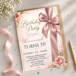 Elegant Pink Bow 35th Birthday Invitation