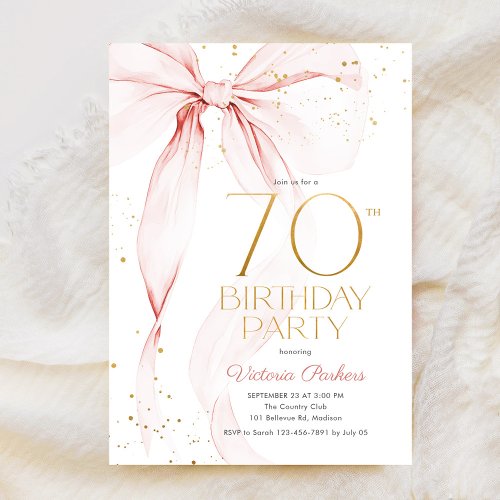Elegant Pink Bow 70th Birthday Invitation