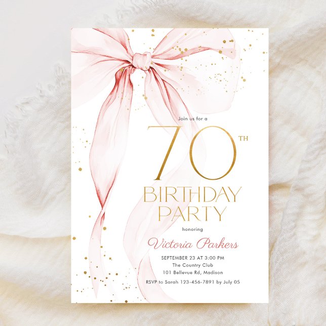 Elegant Pink Bow 70th Birthday Invitation (Creator Uploaded)