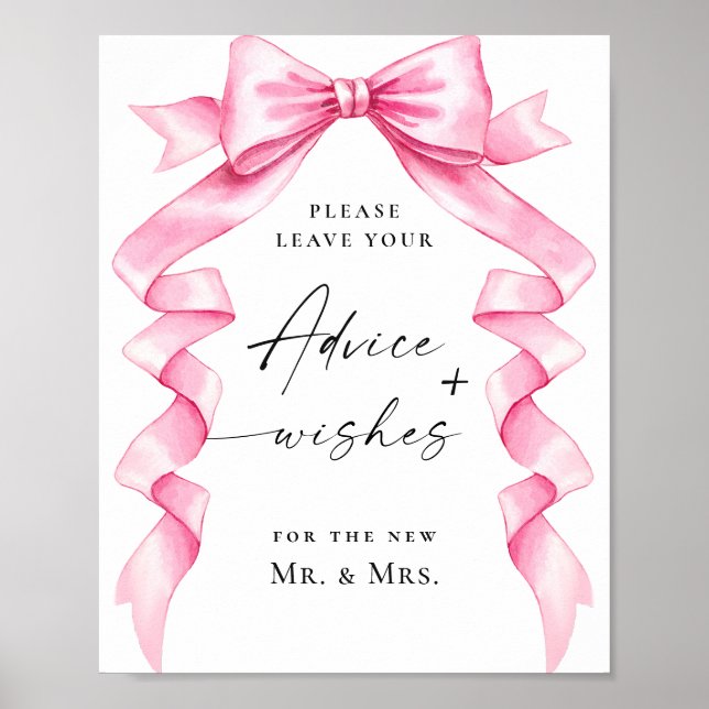 Elegant Pink Bow Advice and Wishes Wedding Sign (Front)