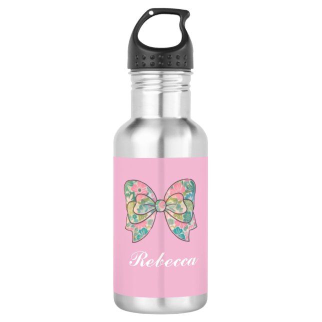 Elegant Pink Bow and Custom Name  Stainless Steel Water Bottle (Front)