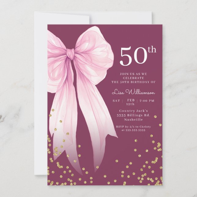 Elegant Pink Bow and Gold 50th Birthday Party  Invitation (Front)