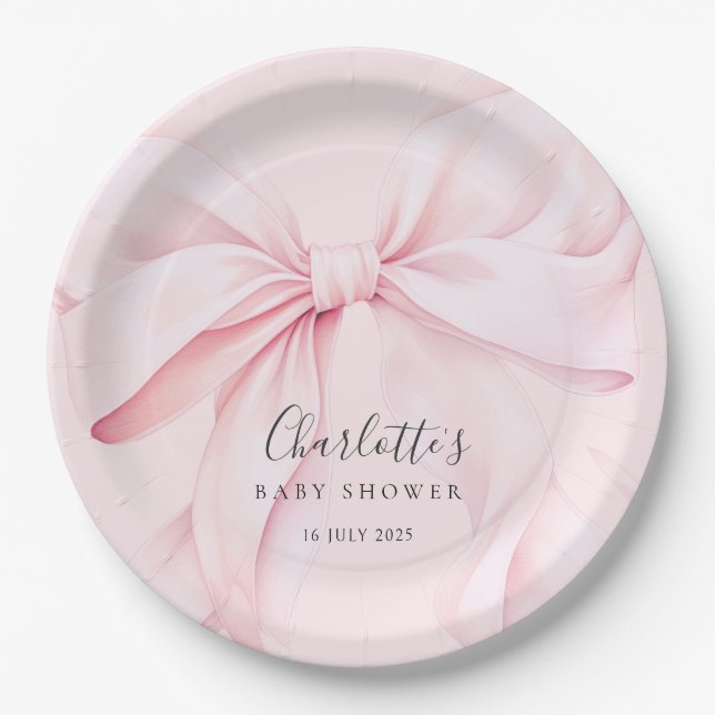  Elegant Pink Bow Baby Bridal Shower Paper Plates (Front)