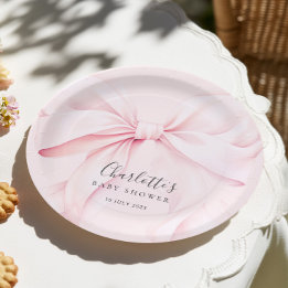 Elegant Pink Bow Baby Bridal Shower Paper Plates