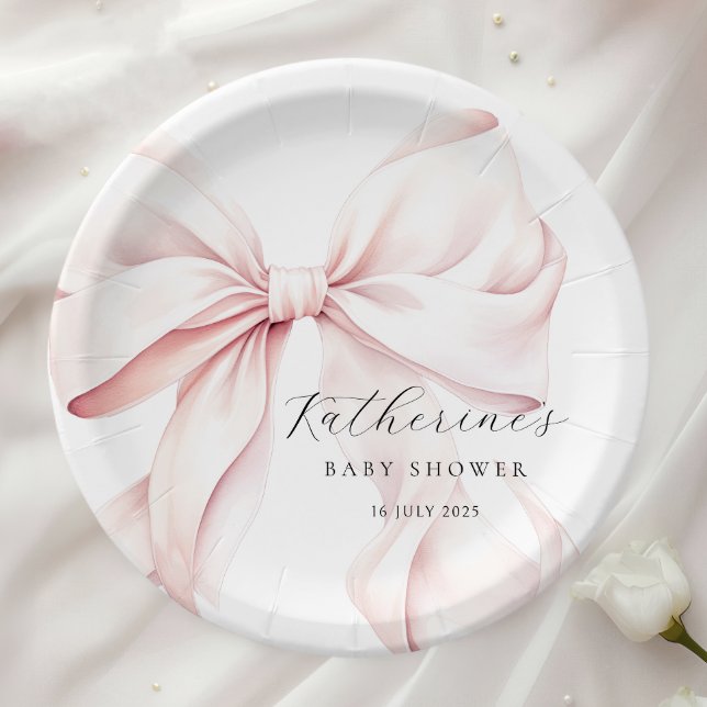  Elegant Pink Bow Baby Bridal Shower Paper Plates (Creator Uploaded)