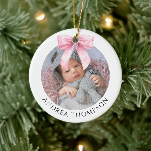 Elegant Pink Bow Baby First Christmas Photo Ceramic Ornament