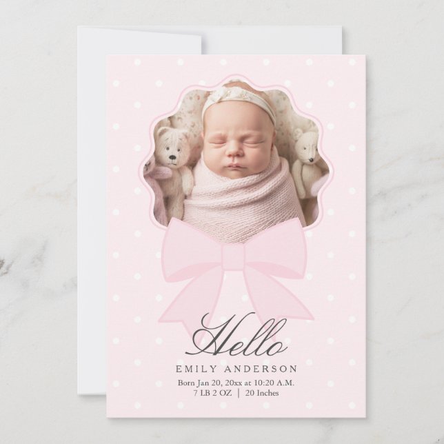 Elegant Pink Bow Baby Girl Photo Collage Birth Announcement (Front)