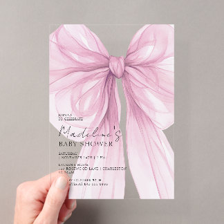 Elegant Pink Bow Baby Girl Shower Acrylic Invitations