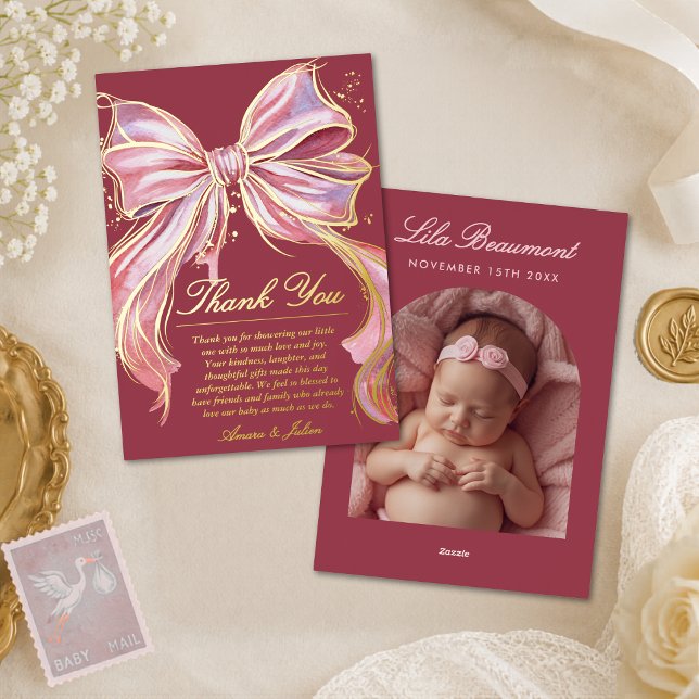 Elegant Pink Bow Baby Shower Foil Thank‑You Card  (Creator Uploaded)