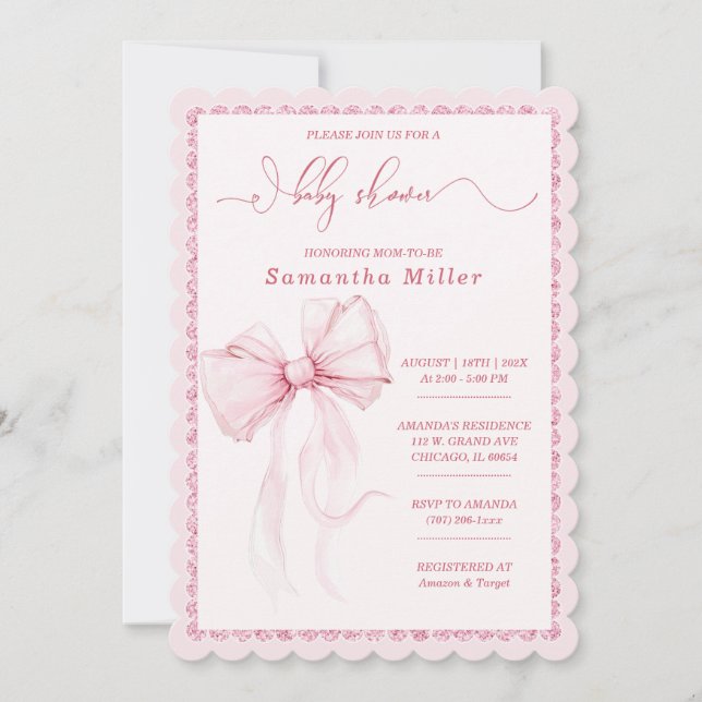 Elegant Pink Bow Baby Shower for Girls Invitation (Front)