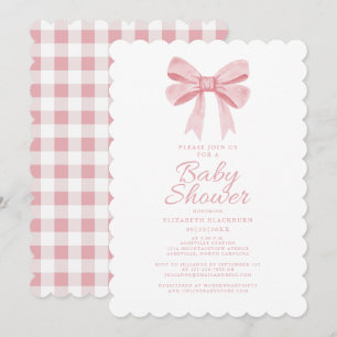  Elegant Pink Bow Baby Shower Girly Gingham Check Invitation