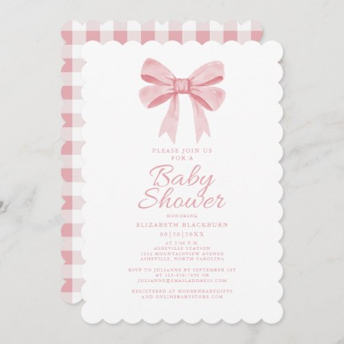  Elegant Pink Bow Baby Shower Girly Gingham Check Invitation
