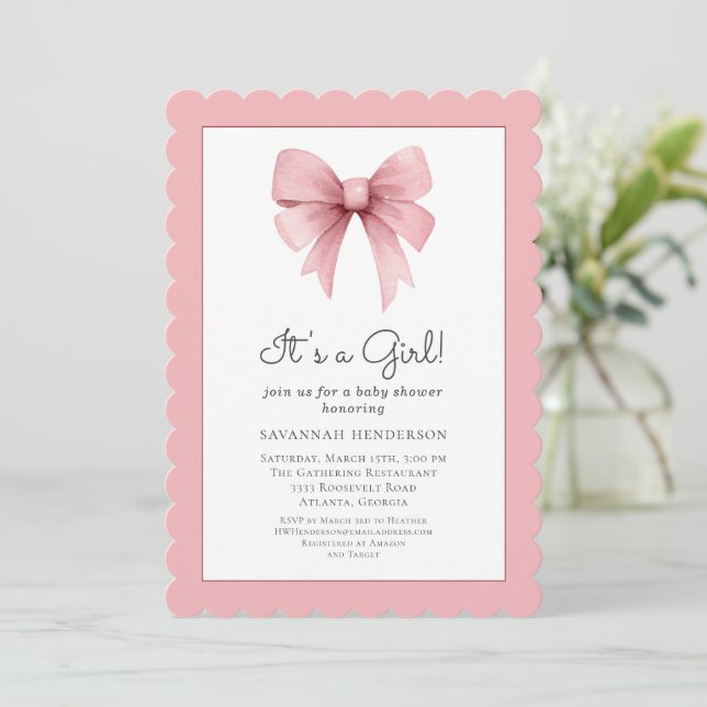 Elegant Pink Bow Baby Shower Invitation (Standing Front)