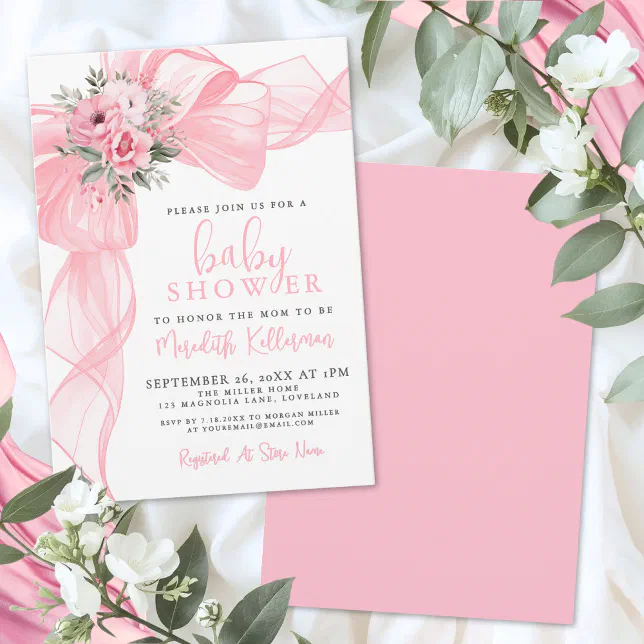 Elegant Pink Bow Baby Shower Invitation | Zazzle