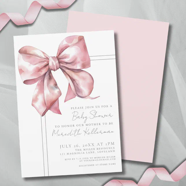 Elegant Pink Bow Baby Shower Invitation | Zazzle
