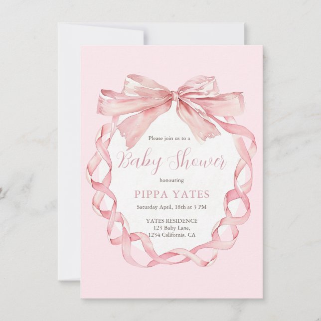 Elegant Pink Bow Baby Shower Invitation Preppy (Front)