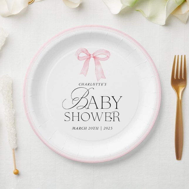 Elegant Pink Bow Baby Shower  Paper Plates (Creator Uploaded)