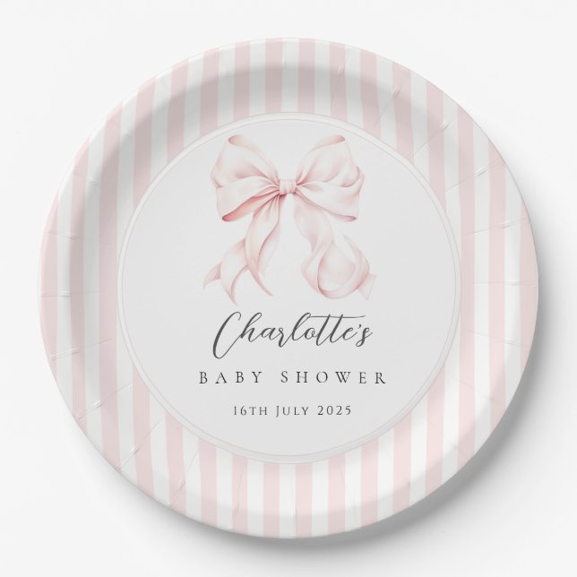 Elegant Pink Bow Baby Shower Paper Plates (Front)