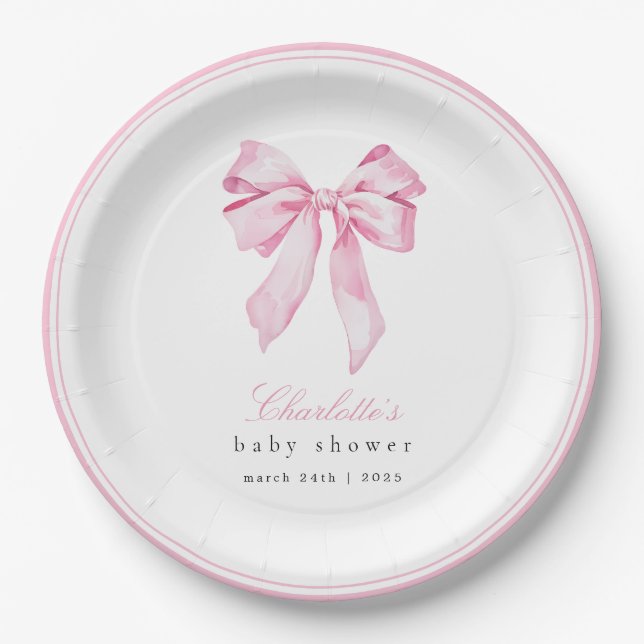 Elegant Pink Bow Baby Shower  Paper Plates (Front)